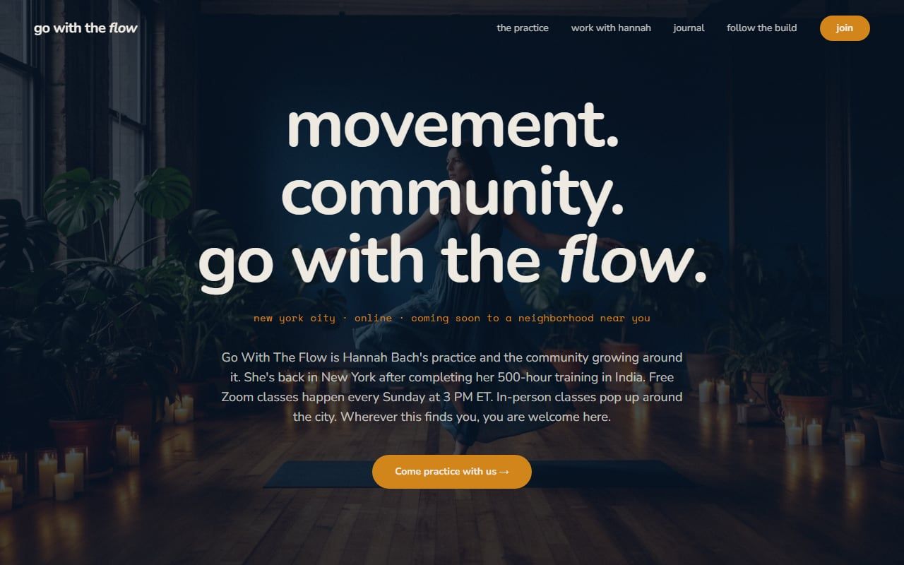 Go With The Flow Yoga website homepage with a full-bleed practice image